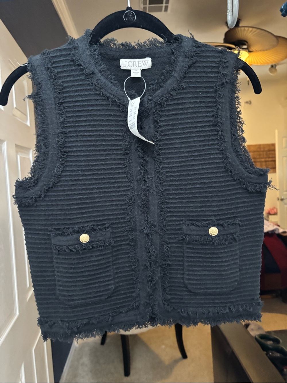 J. Crew Black Textured Fringe Pocket Vest